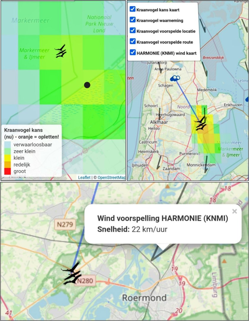 Enkele screenshots van de vernieuwde radar. De blauwe verrekijker geeft aan waar de kraanvogels voor het laatst zijn gezien (via <L CODE="C02">waarneming.nl</L>). Vervolgens geeft het zwarte kraanvogelicoontje de huidige voorspelde locatie aan van deze groep. De blauwe lijn illustreert de voorspelde route.